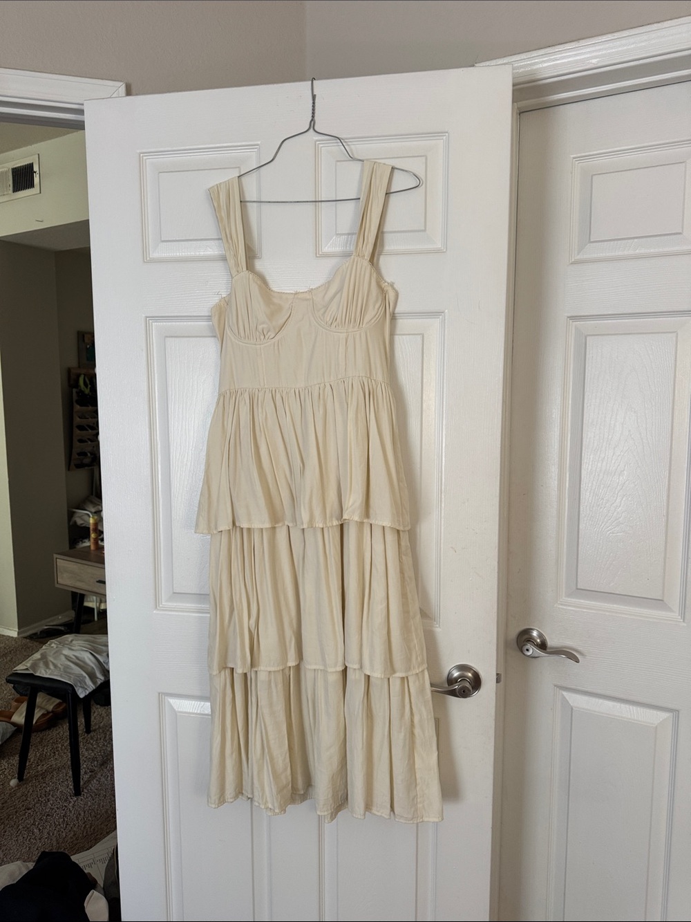 WeWoreWhat Cream Tiered Midi Dress with Wide Straps